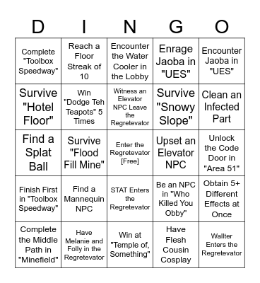 Roblox Regretevator Bingo Card