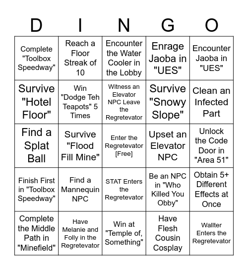 Roblox Regretevator Bingo Card