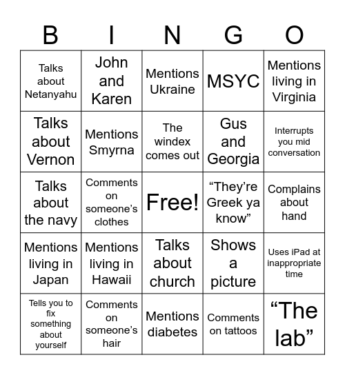 Y&P Bingo Card