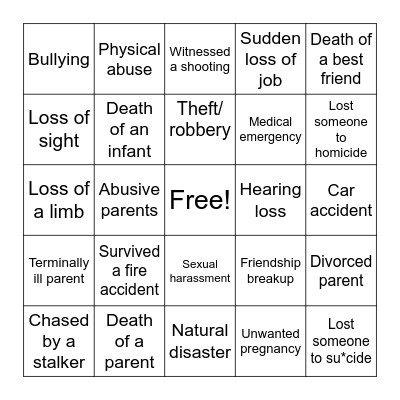 Traumatic Life Events Bingo Card