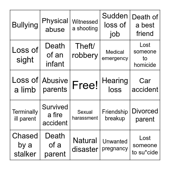 Traumatic Life Events Bingo Card