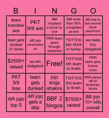 MCC PRIDE 26 PINK PARROTS BINGO Card