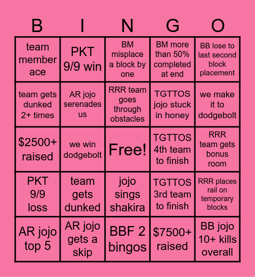 MCC PRIDE 26 PINK PARROTS BINGO Card