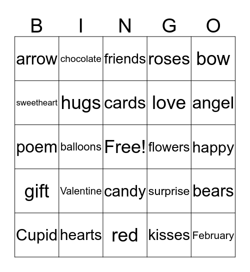 Valentine Words Bingo Card
