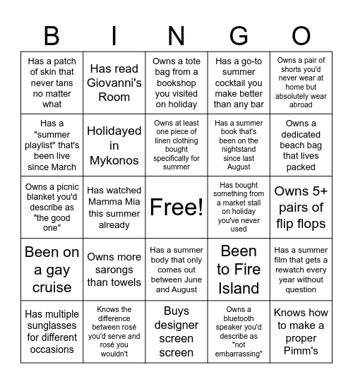 Summer Bingo Card
