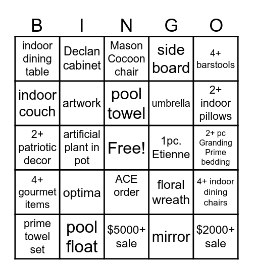 Pool Part Bingo Card