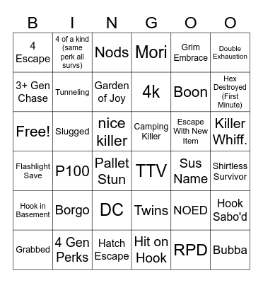 Dead by daylight Bingo Card