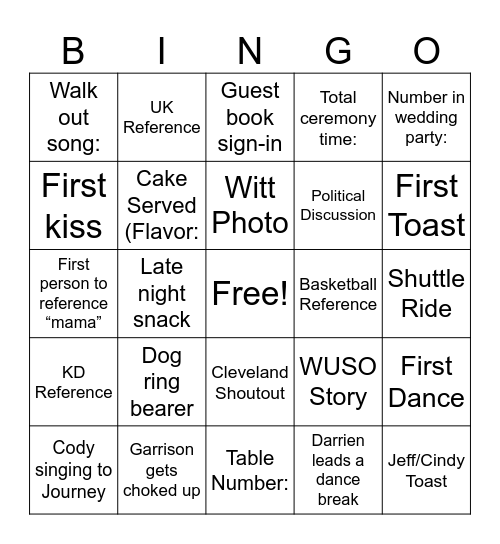 Hawkins / Newton Vows Bingo Card