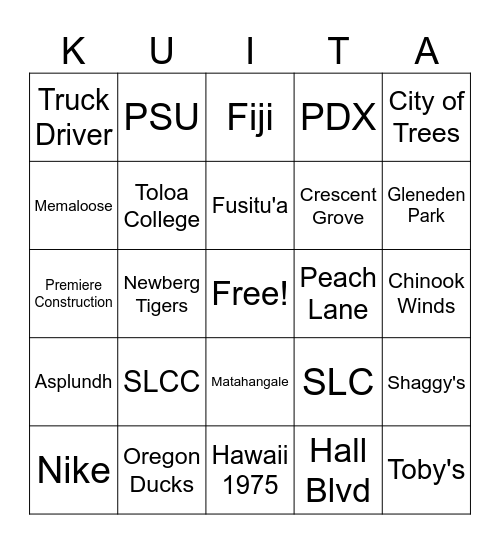 KUITA FAMILY REUNION BINGO Card