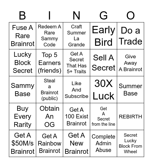 100 Days Bingo Card