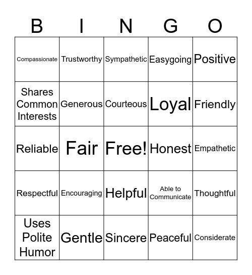 Qualities of a Friend Bingo Card