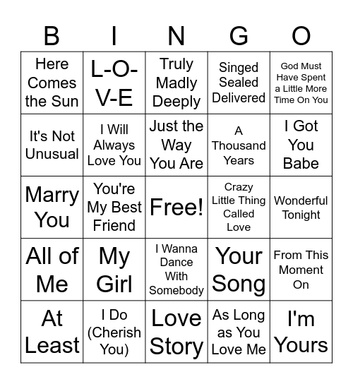 Love Song Bingo Card
