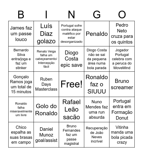 Portugal X Colombia Bingo Card