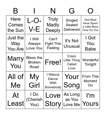 Love Song Bingo Card