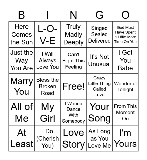 Love Song Bingo Card
