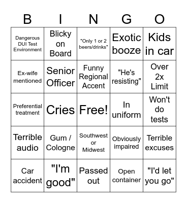 DUI HARD Bingo Card