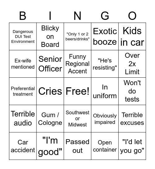 DUI HARD Bingo Card
