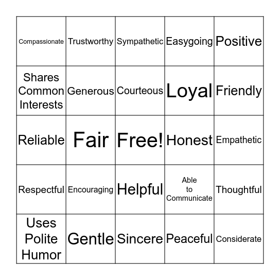 Qualities of a Friend Bingo Card