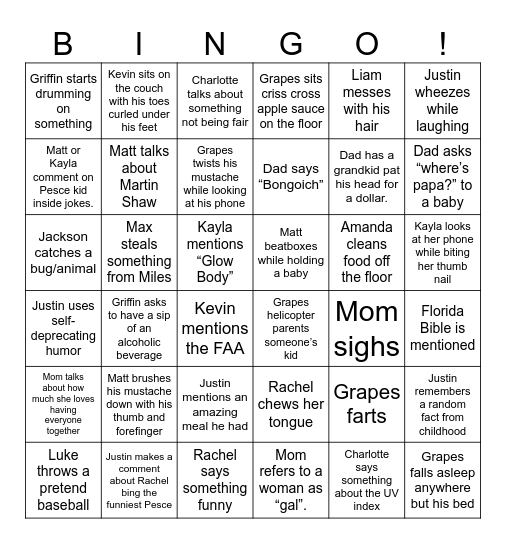 Quirky Pete Bingo Card