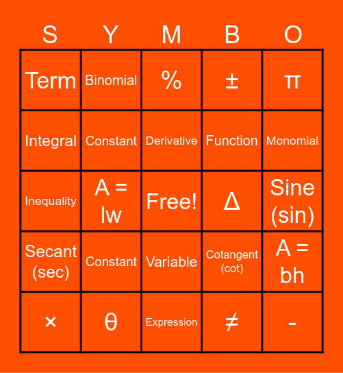 MATH SYMBO Bingo Card