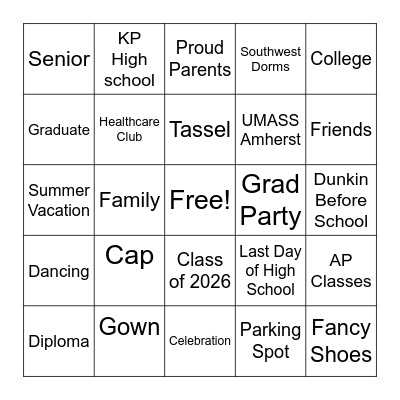 Vaidy's Graduation Bingo Card