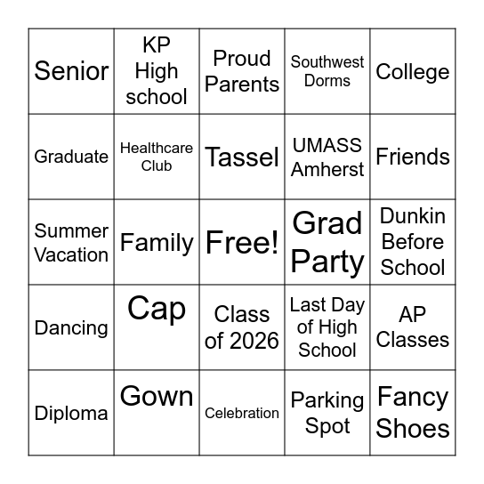 Vaidy's Graduation Bingo Card