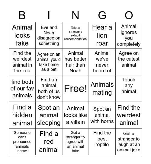 Go to the zoo Bingo Card