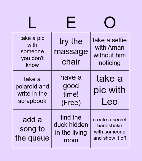 Aman's Birthday Bingo Card