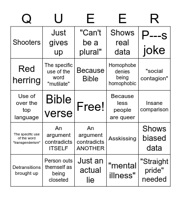 Queerphobia bingo Card