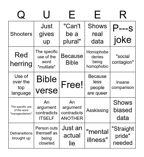 Queerphobia bingo Card