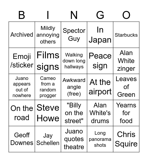 tour vlog bingo Card