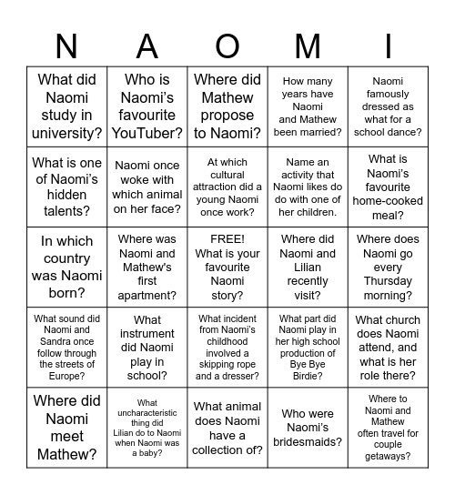 Happy 60th Birthday Naomi! Bingo Card
