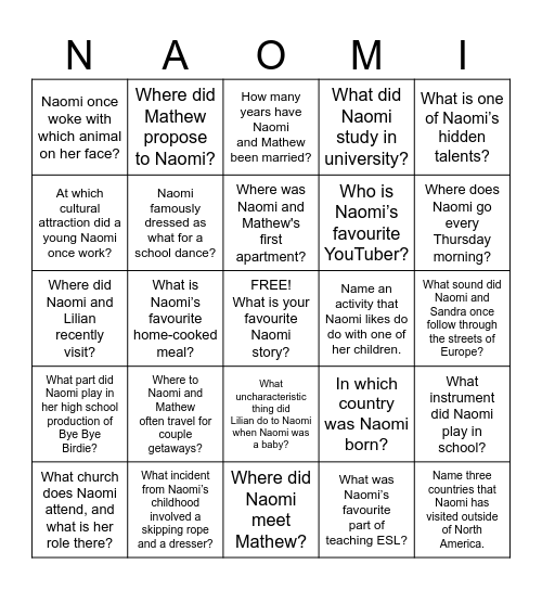 Happy 60th Birthday Naomi! Bingo Card