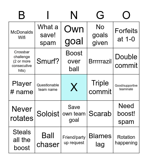 Rocket league Bingo Card