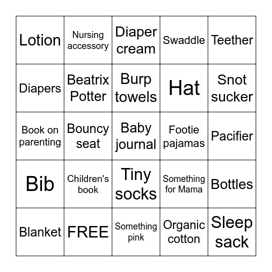 Myah's Baby Shower Gift Bingo Card