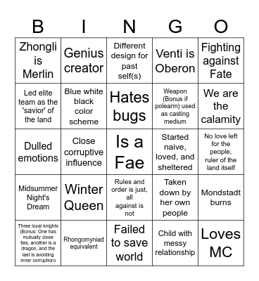 Faerie Russia Bingo Card