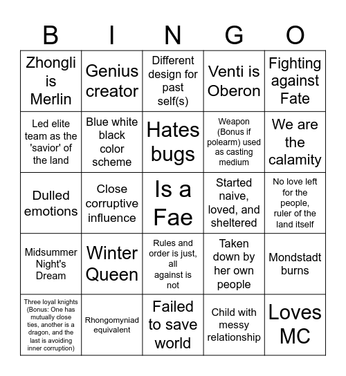 Faerie Russia Bingo Card