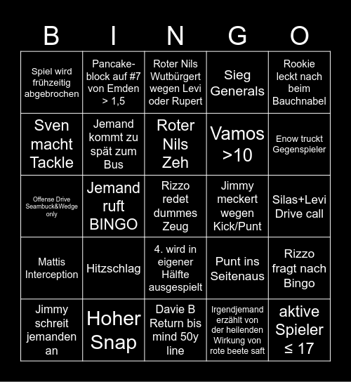 Generals @ Tigers Bingo Card