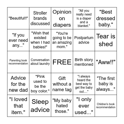 Myah's Baby Shower Gift Bingo Card