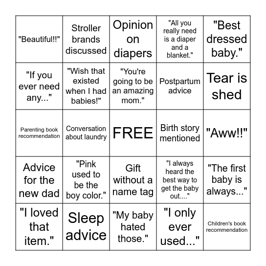 Myah's Baby Shower Gift Bingo Card