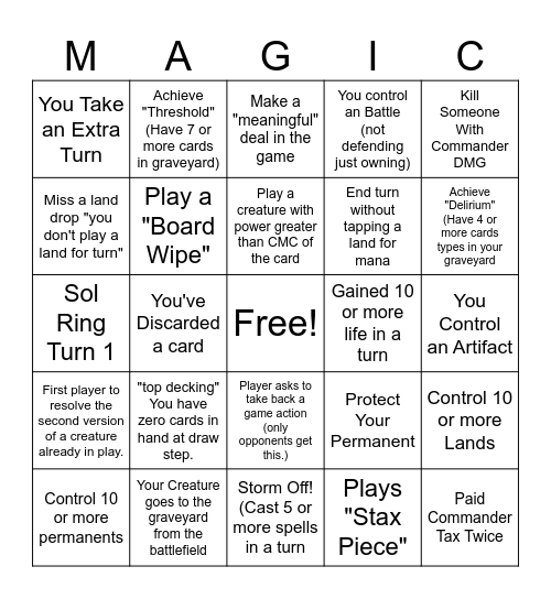 Magic Commander Bingo Card