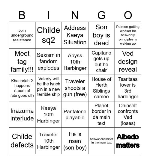 Snezhnayan Predict Bingo Card