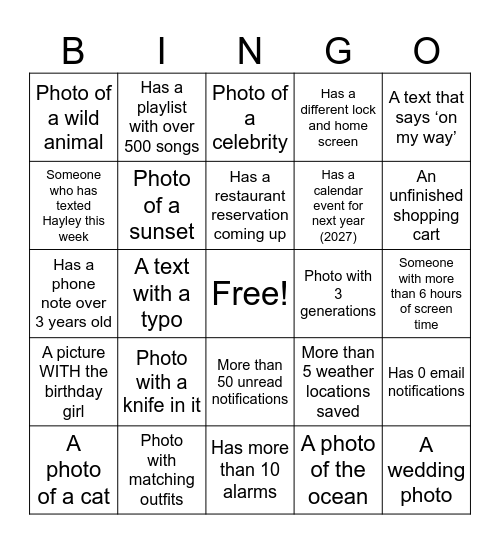Phone Scavenger Bingo Card