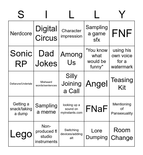 The SillyLasagna Bingo Card