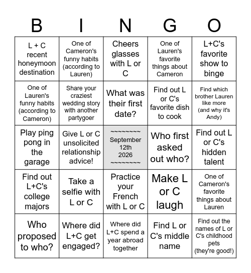 Lauren & Cameron's BINGO Card