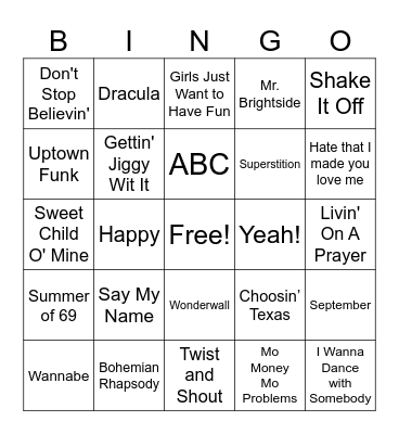 Jessie's Jams Bingo Card