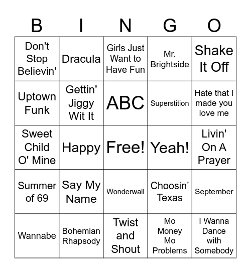Jessie's Jams Bingo Card