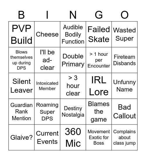 D2 LFG Bingo Card