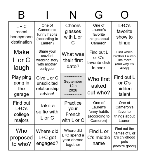 Lauren & Cameron's BINGO Card