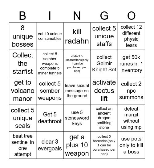 elden ring Bingo Card